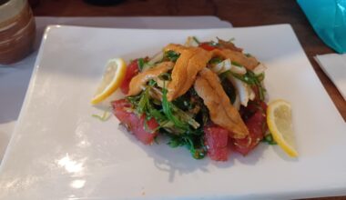 My dude said they had just got uni. I asked if he could put some on my poke. $20 lunch in Santa Fe, with a bowl of rice and tea.