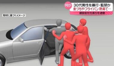 Construction company president Yuto Oshiro, 24, was indicted along with six others for working together to kidnap the man, aged in his 30s, into a car & hold him captive for 3 months; They are also alleged to have assaulted him with boiling water and hammers & forcing him to take drugs.