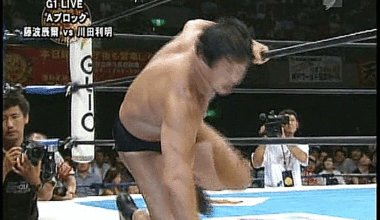 Fujinami with a brutal flying knee drop to Kawada.