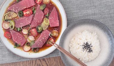 tuna sashimi on homemade yuzu kosho vinnaigrette