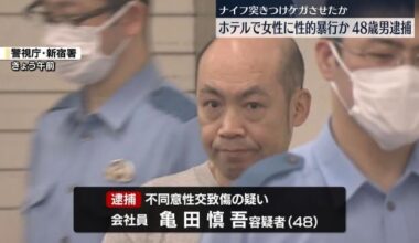 Man suspected of using 10 cm long knife to rape woman in Kabukicho hotel; suspect, Shingo Kameda (48) claimed, 'I have no recollection of this at all'. Kameda had previously been a customer at a bar where the woman worked.
