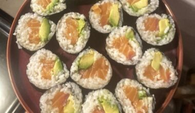 First try at homemade rolls, salmon/avo. Can’t wait to keep learning, but a long way to go!