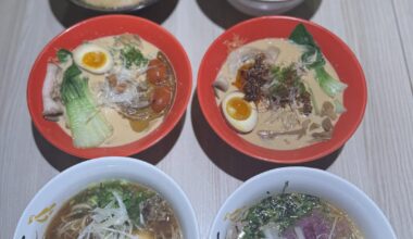 Spicy miso, avocado, smokey black tonkotsu, spicy tonkotsu, tori paitan, and signature clam mild shio at Konjiki Ramen Yorkdale in Toronto