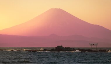 Fuji-san and Najima Torii gate. Shin-Nase beach, Hayama. February [OC]