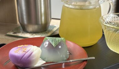 Tea time. Cold green tea, fresh sweets, and water dumplings.