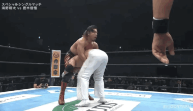 Shinto Takagi powerbombs the poster boy!