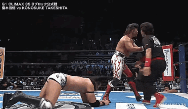 Konosuke Takeshita flexing the power in striking and grappling.