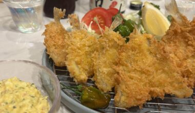 I made some kisu fry w/beni shoga tartar sauce and harusame salad with my amateurishly grown shishito as a side character