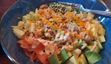 Seared salmon and tuna poke bowl