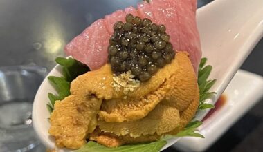 The perfect bite of sushi doesn’t exis- oh wait a minute. Uni toro caviar on a shiso leaf? With some completely unnecessary gold foil? I’ll take it. Ahhhh. Wealth. I did really like this one bite though.