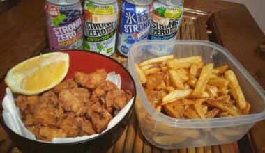 Birthday vibes: huge bowl of karaage, fries, and 4 cans of Strong Zero.