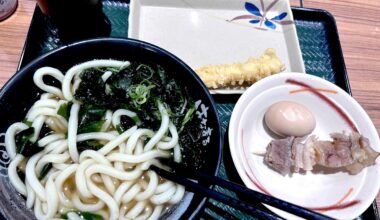 “Simple but perfect combo 🍜🤗✨ Udon with seaweed, beef skewer, egg, and crispy tempura — pure comfort in every bite!”