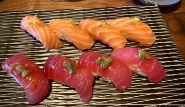 Salmon sushi with lemon zest and bigeye tuna sushi