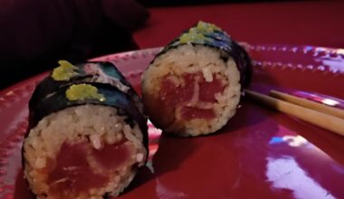 First attempt with raw fish. Seared spicy tuna roll and tuna nigiri.