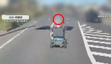 A car driving the wrong way and forcing its way through. An electric wheel chair riding in the middle of the road