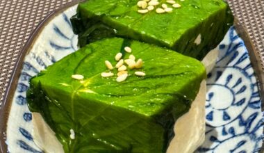 Shiozuke shiso leaf, dipped in ra-yu, then wrapped around tofu.