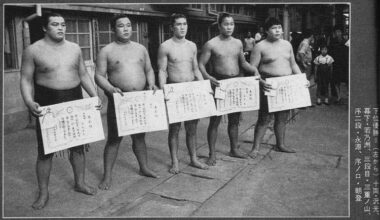 Katsuhisa Shibata, father of Katsuyori, is in the middle of the pic, celebrated a sumo division win in September 1963