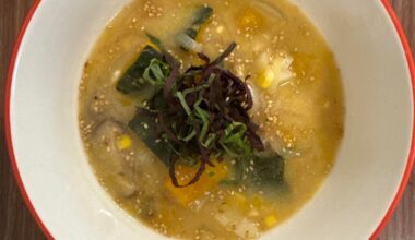 Kabocha and corn miso soup with crispy glazed sweet potatoes and sesame broccoli
