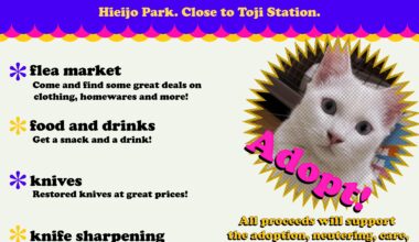 Come close to Toji temple to find some great deals! We will also be sharpening knives and selling some, so bring your knives with you! (Safely) All the proceeds will go to fund for the rescue, feeding,medical bills,neutering, and adoption of the local cats. Come on over and have say hi!