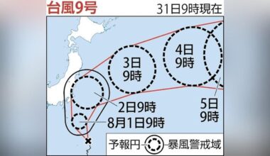 Typhoon No. 9 will make its closest approach to the Kanto region between the night of the 1st and the morning of the 2nd. Rain is expected on the 1st, with the maximum temperature expected to be less than 30 degrees