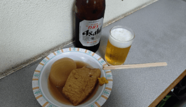 Asahi Super Dry beer and Oden(Japanese-radish and deep-fried-tofu)