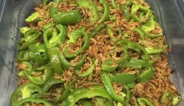 Homemade Piman (Japanese baby bell pepper) with okiami (krill)
