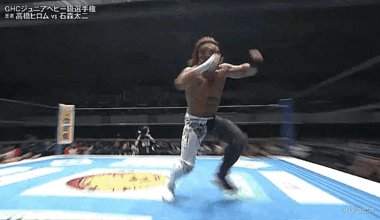 Taiji Ishimori lariats Hiromu, then follows up with a Ura-nage.