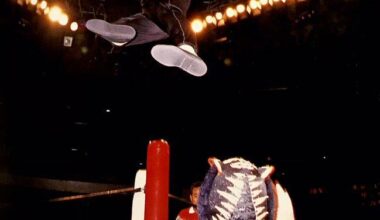 Amazing shot of The Great Sasuke launching himself at Black Tiger (Eddie Guerrero) in 1996