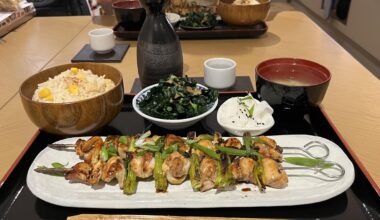 Homemade Yakitori, miso soup, pickled daikon, sweetcorn rice, goma-ae greens, with yuzu sake