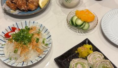 Made some karaage, onion salad, and pork & cabbage mille-feuille rolls