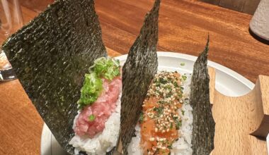 Fatty tuna and salmon hand rolls