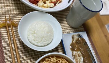 Saba with miso with salted egg, instant noodles, and rice