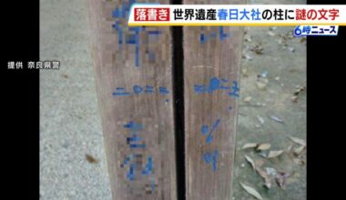Multiple kanji character graffiti found on pillars of the East Corridor of the Main Hall and the Yohaisho pillars, which are designated as Important Cultural Properties at the World Heritage Site Kasuga Taisha Shrine (Nara City)
