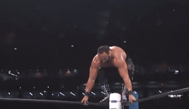 Randy Savage hits the elbow drop from the top rope for the final time in his pro wrestling career