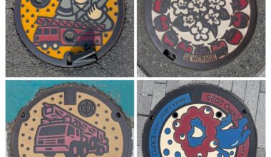 I loved the artwork on the manhole covers for different cities and districts.  These are from Hiroshima, Nagano, Osaka and Shimonoseki.