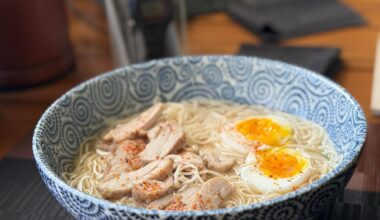 Sōmen with homemade miso dashi broth, chicken thigh and soft boiled egg