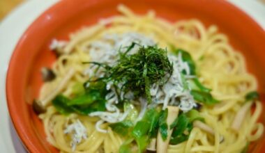 Wafū Pasta: Whitebait, Mushroom, and Shiso Greens.