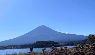 Unusual picture of Mount Fuji without a snow cap. Taken from Yamanakako lake 10/17/25