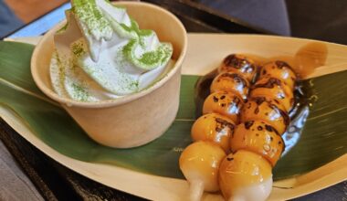 Mitarashi dango and Hokkaido milk soft serve from a matcha shop in Kyoto