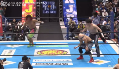 YOH and Master Wato go for stereo Superkicks, but miss and get hit with the world’s oldest crossbody.