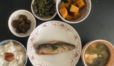 saba shioyaki and simmered kabocha