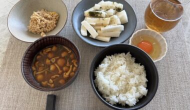 [homemade] Japanese breakfast set with rice, miso soup, and veggies