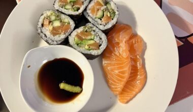 Salmon futomaki and sashimi for lunch (ignore the wasabi turd in the soy sauce)