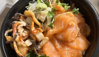 I always ‘pump up’ my sushi don with ikura or whatever tickles my fancy. Today was ‘seasoned squid’ and extra-extra shiso (not pictured) :) Delicious!