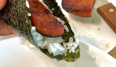 A can of spam doesn’t not last very long in my house. My favorite lunch as of late. Teryaki Spam hand rolls.