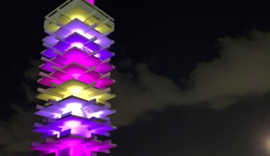 Night lights on the Komazawa Olympic Tower in Tokyo