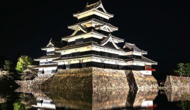 Matsumoto Castle: the Iconic Black Reflection after Dark (bonus: day view)