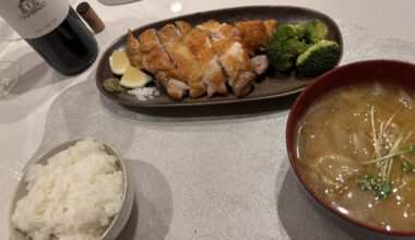 Made a slow-crisped chicken thigh with yuzu kosho and a vegetable miso soup
