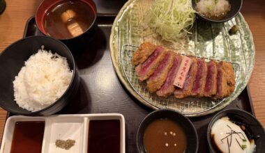 Japanese Gyukatsu set meal with rice, Miso soup and onsen egg