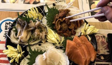 Salmon, scallops and Atlantic surf clams sashimi (was very good), but the absolute GOAT was the uni. Melt in your mouth fresh, was almost sweet. I can’t even pronounce the name, but is this place: 貝屋, in Otaru, Hokkaido.